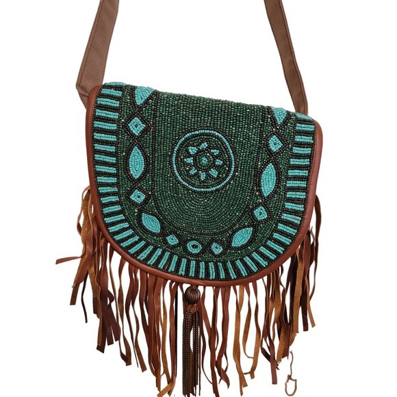 EARTHBOUND Handbags - Earthbound Teal Beaded Fringe Crossbody